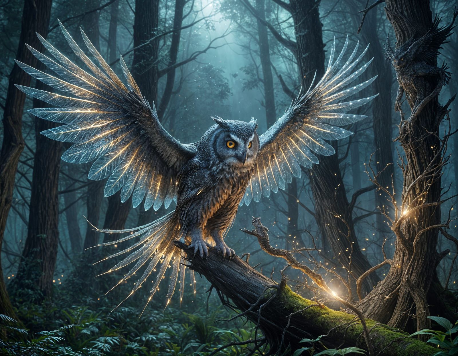 Fantastical Moonlit Serpent with Owl Head and Stardust Wings