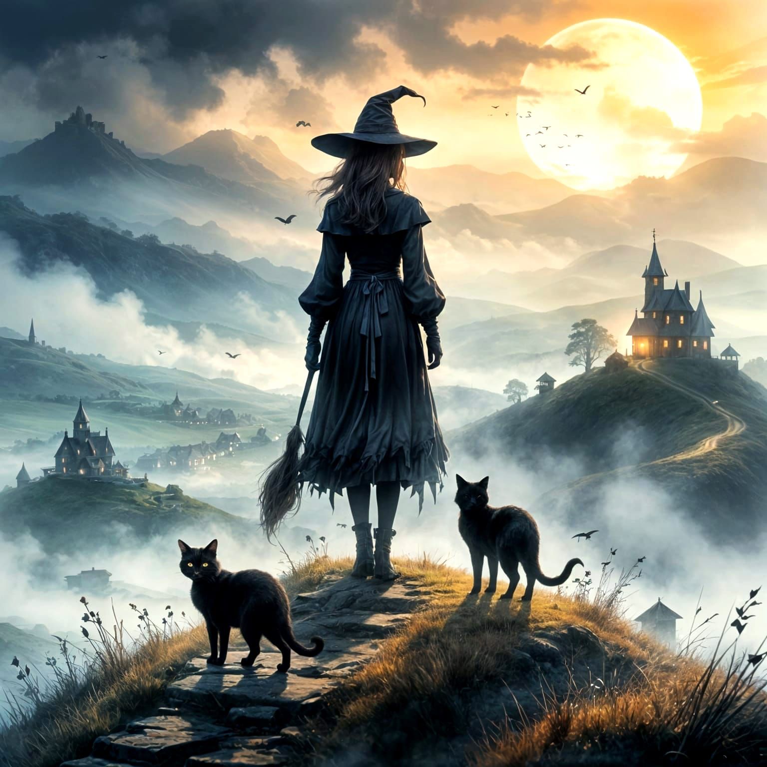 Ethereal Witch and Cat on Foggy Hill