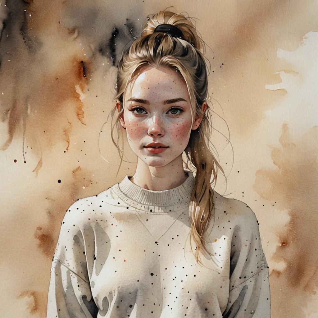 Ethereal Watercolor Portrait of Freckled Girl in Manga Style