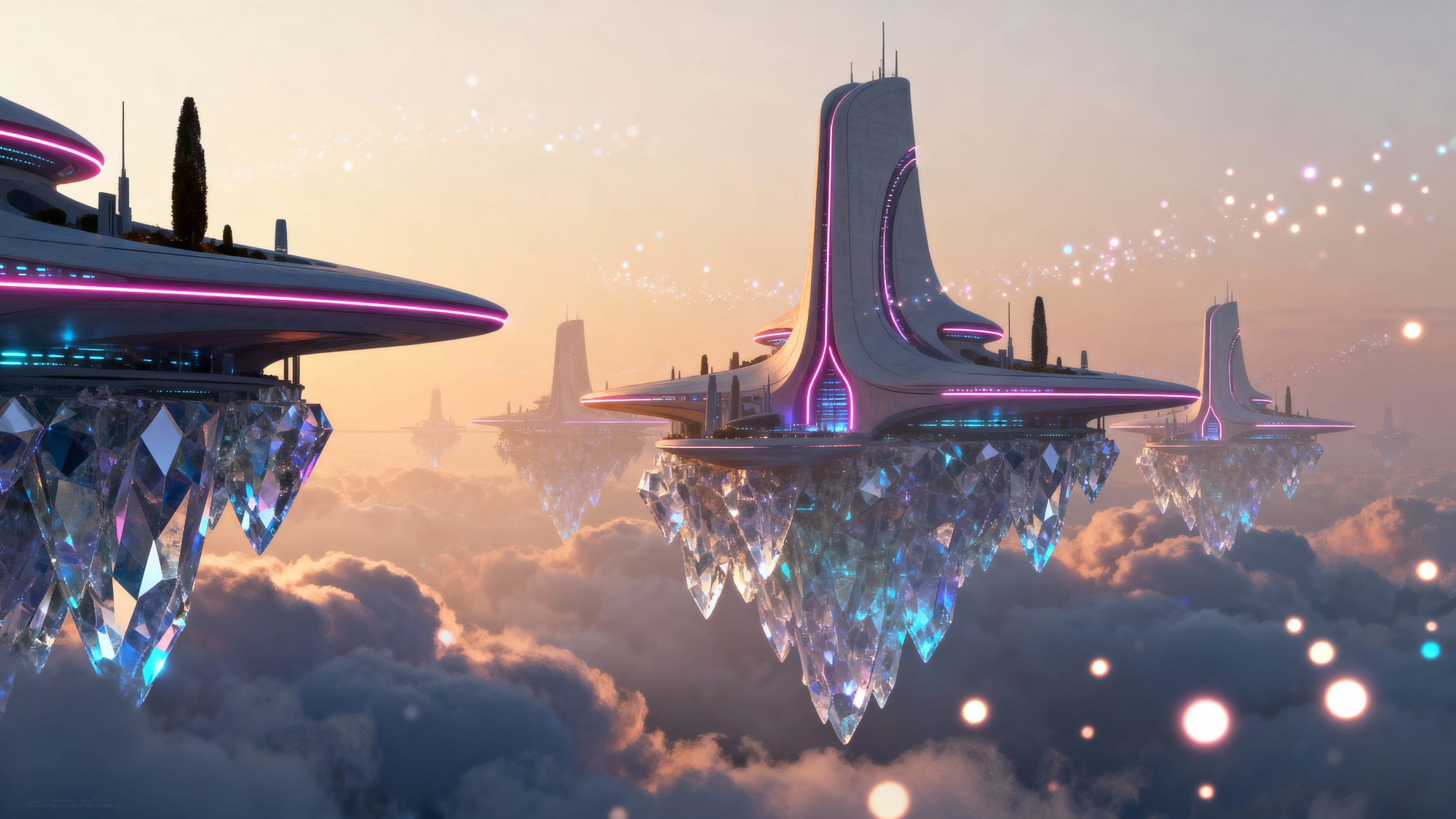 A futuristic minimalist city floating on crystalline clouds, blending organic architectural lines with neon lights in warm and cool hues. Ti...