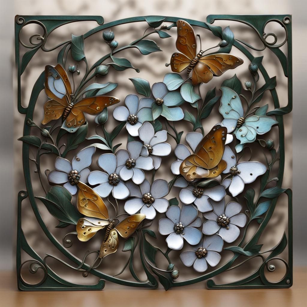 flowers and butterflies made in metal haco art, art nouveau  by @yavana