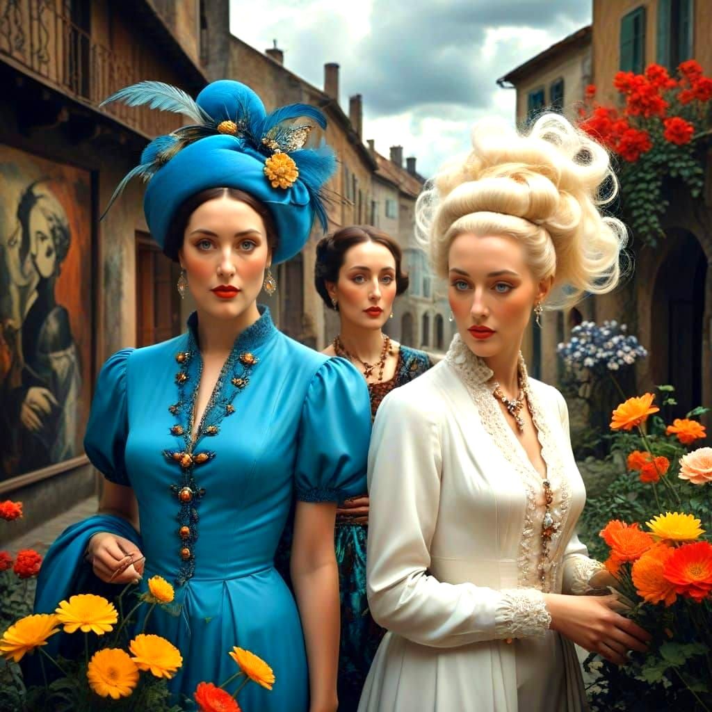 Elegant Ladies in a Surreal Scene in High Contrast Colors