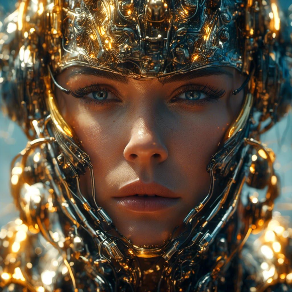 <lora:MJ6 Cinema Close Ups:1.0> a close up portrait of a cyborg in the future, in the style of Alex Alemany, illustration epic scene, close...