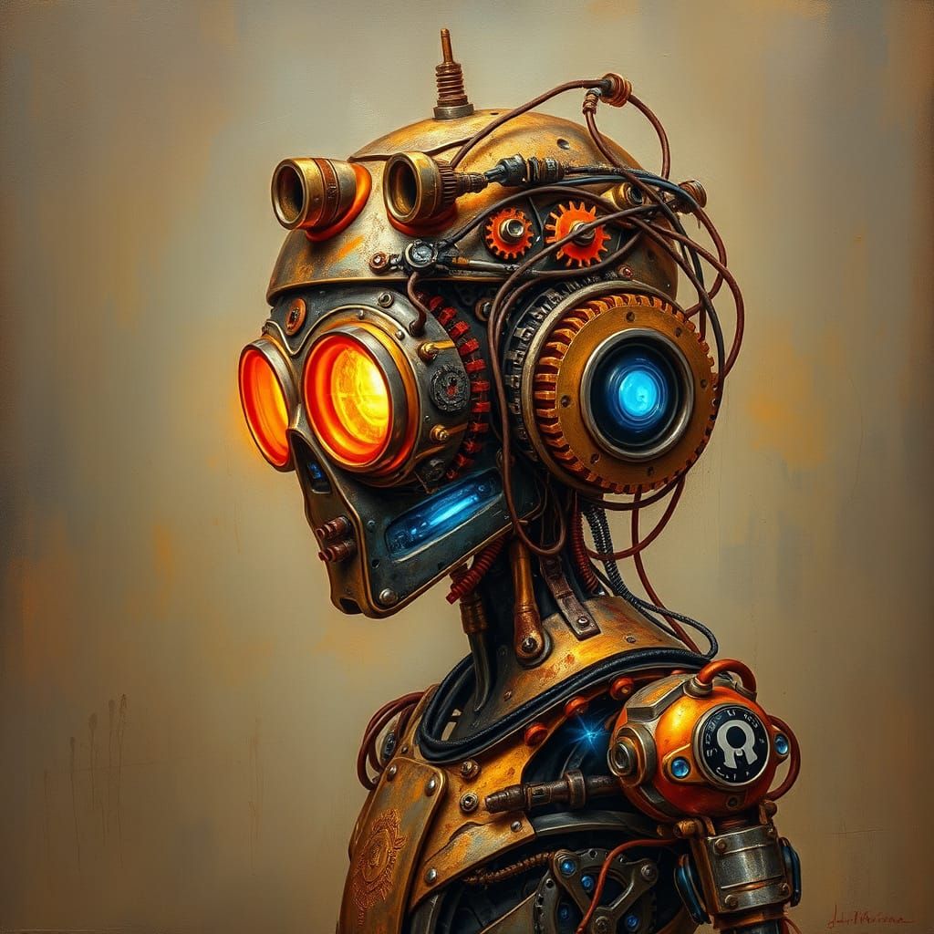 Cyborg Radiates Golden Glow in Distorted Reality