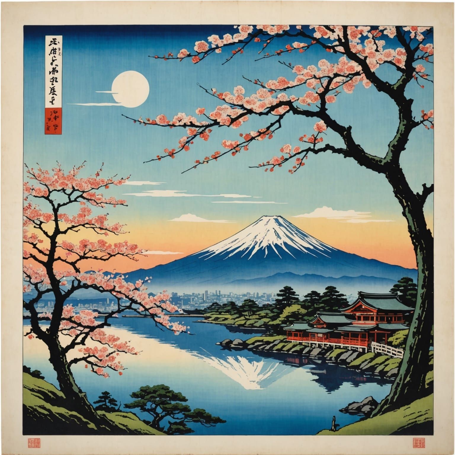 Ukiyoe style painting, 
A beautiful view on the Fuji mountain in the spring.