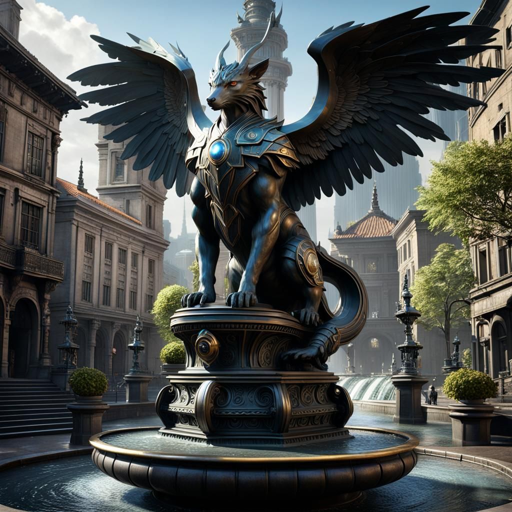 metal statue of a guardian creature on a pedestal in a fountain in the centre of town  depicting a guardian ...  by @Steven 