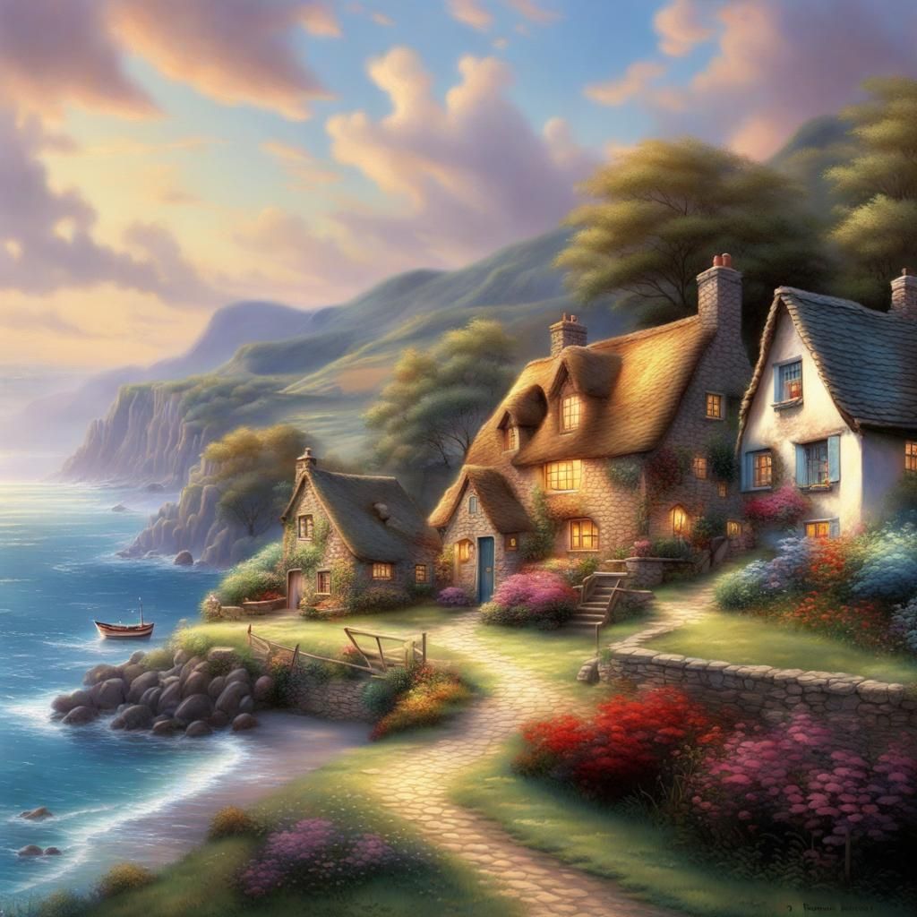 Dream vacation{village photorealism,vibrant colours,by the sea,woods ...