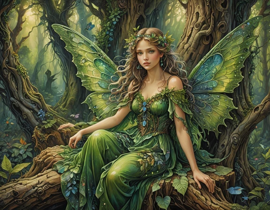 Beautiful female fairy::bright green eyes::forest green gown::gradient green long flowing wings::sitting on a tree stump ::in a whimsical fo...