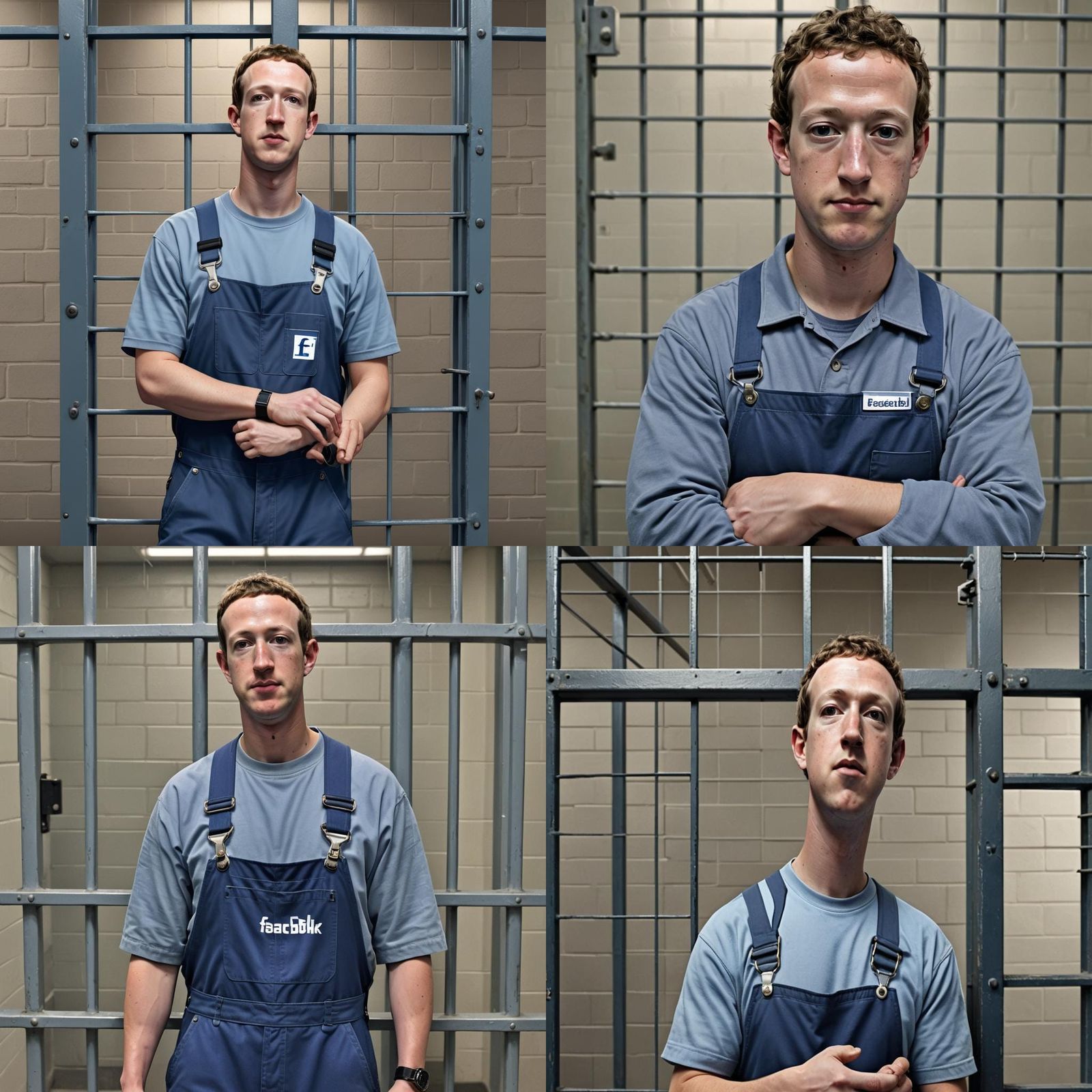 mark zuckerberg in jail behind bars wearing Facebook blue pr...