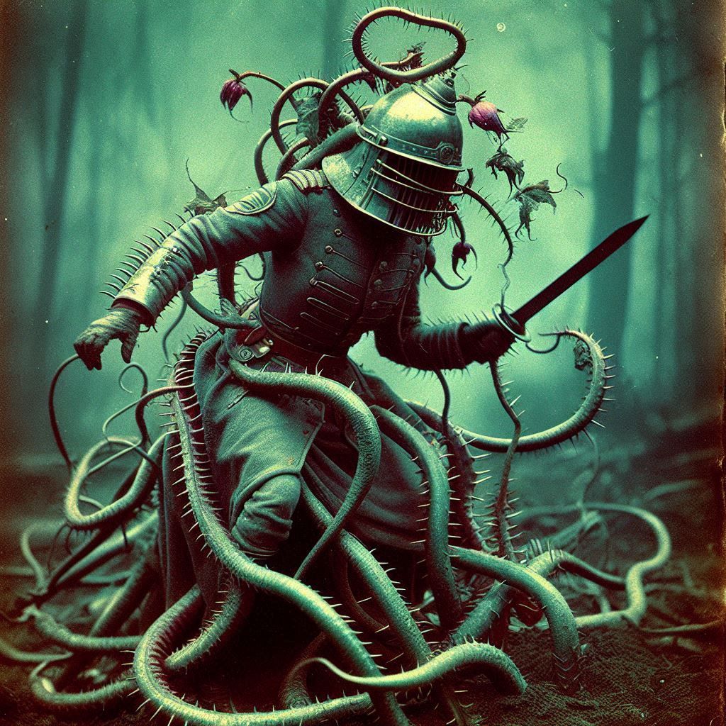 Leutnantin Jinjur of Oz fights a Doctor Eggplant's carnivorous plant minions