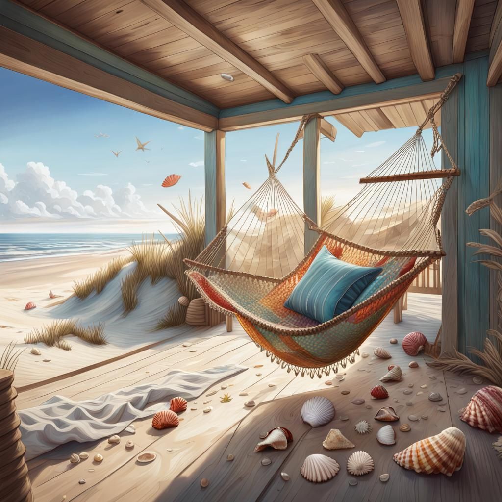  a coastal beach house with sandy dunes, seashells, and a hammock overlooking the ocean  by @Caroline