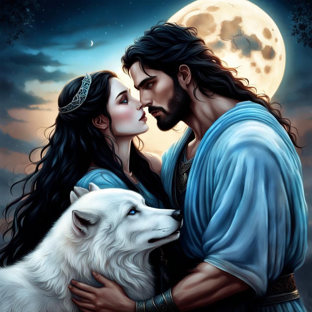 Romantic Goddess and Greek Man Kiss Under Moonlight