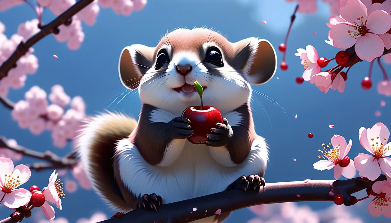 Adorable kawaii, Japanese flying squirrel feasting on a gorg...
