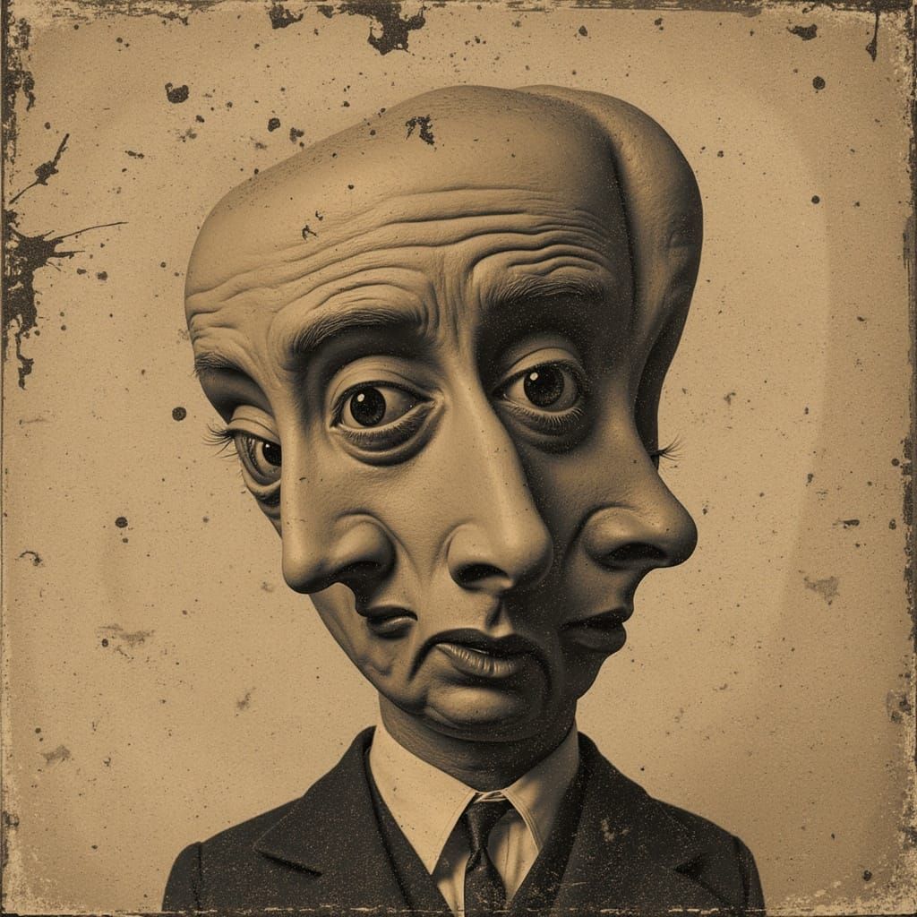 <lora:Origin og Asymmetry:1.0> a very faded old photo of a freak with two faces merged into one : three-eyed : crooked mouth : sepia