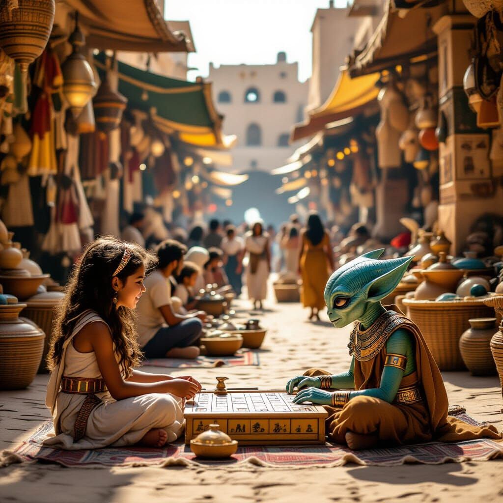 picture a bustling marketplace in an ancient Egyptian city, where merchants from across the galaxy have ...  by @Bluemoon