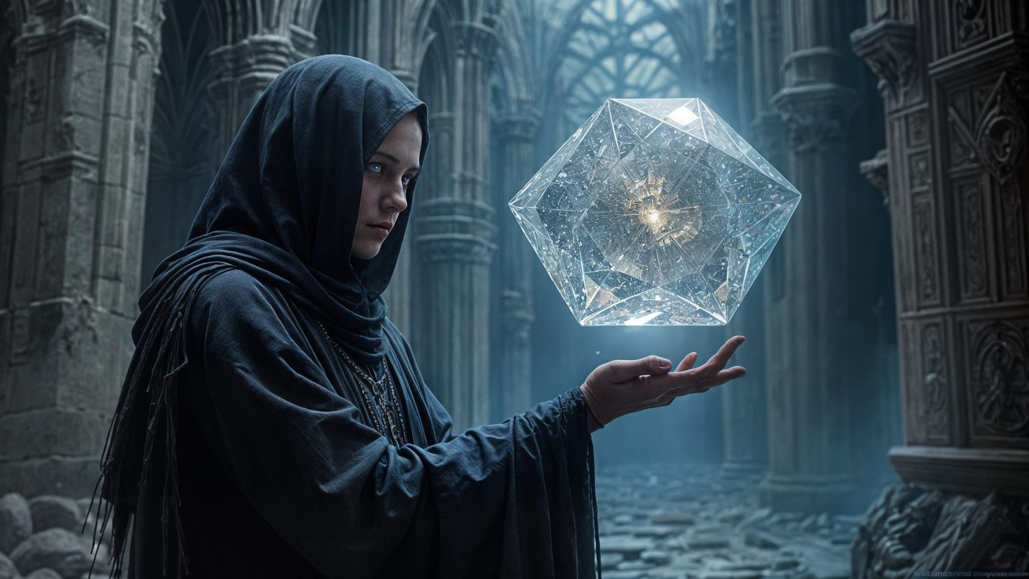 An otherworldly figure with heterochromatic glowing eyes reaches toward a levitating crystalline dodecahedron containing miniature galaxies,...
