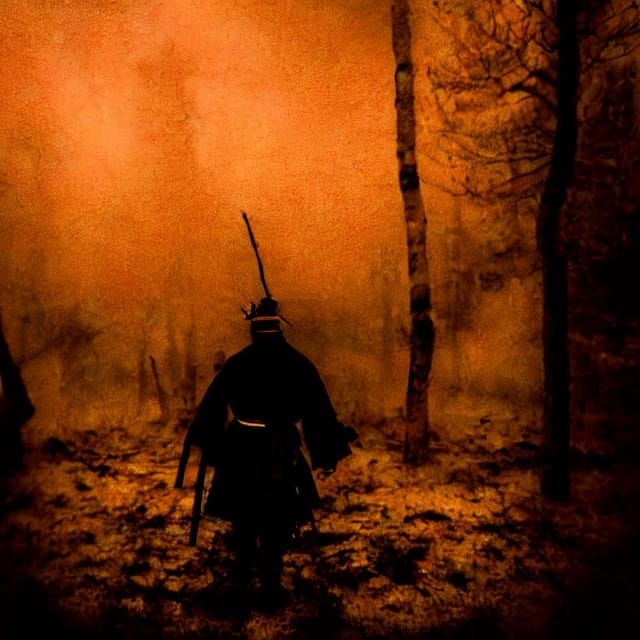 Dark Samurai Warrior Walks Forest Path in Moody Black and Wh...