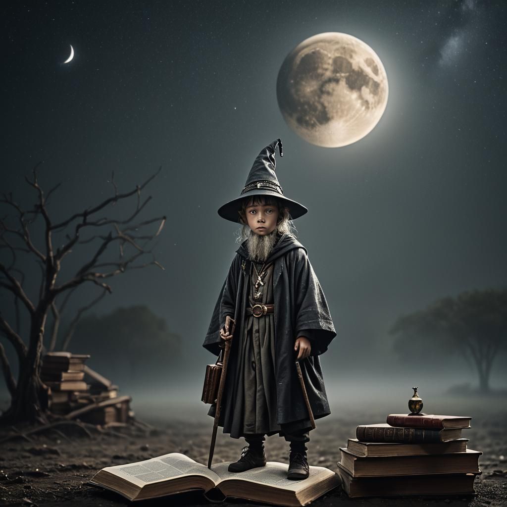 a tiny wizard with a wand and books going back to school. De...
