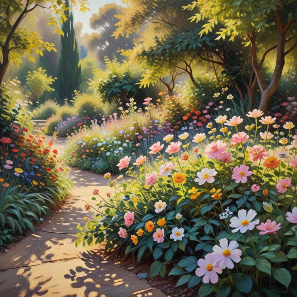 Impressionist Garden Painting in Warm Golden Hour Light