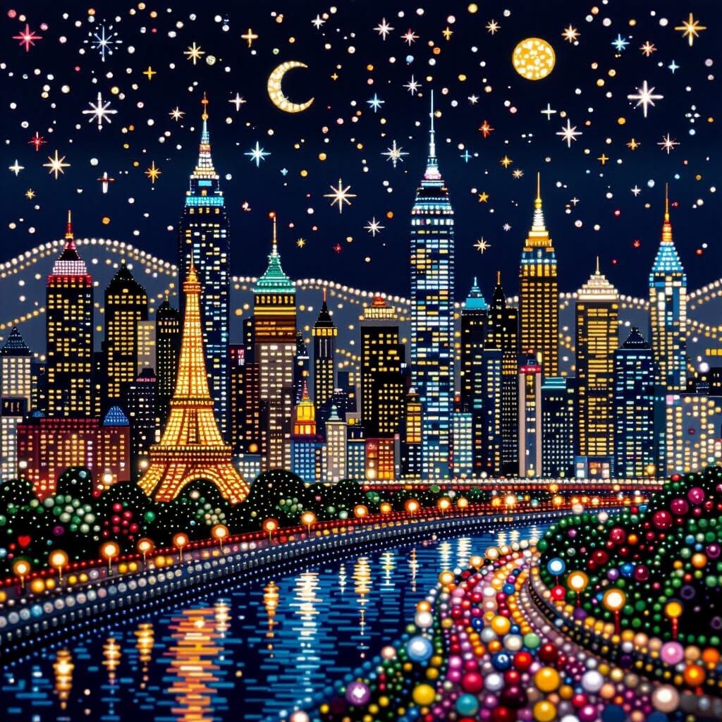 Detailed Beaded Night Cityscape