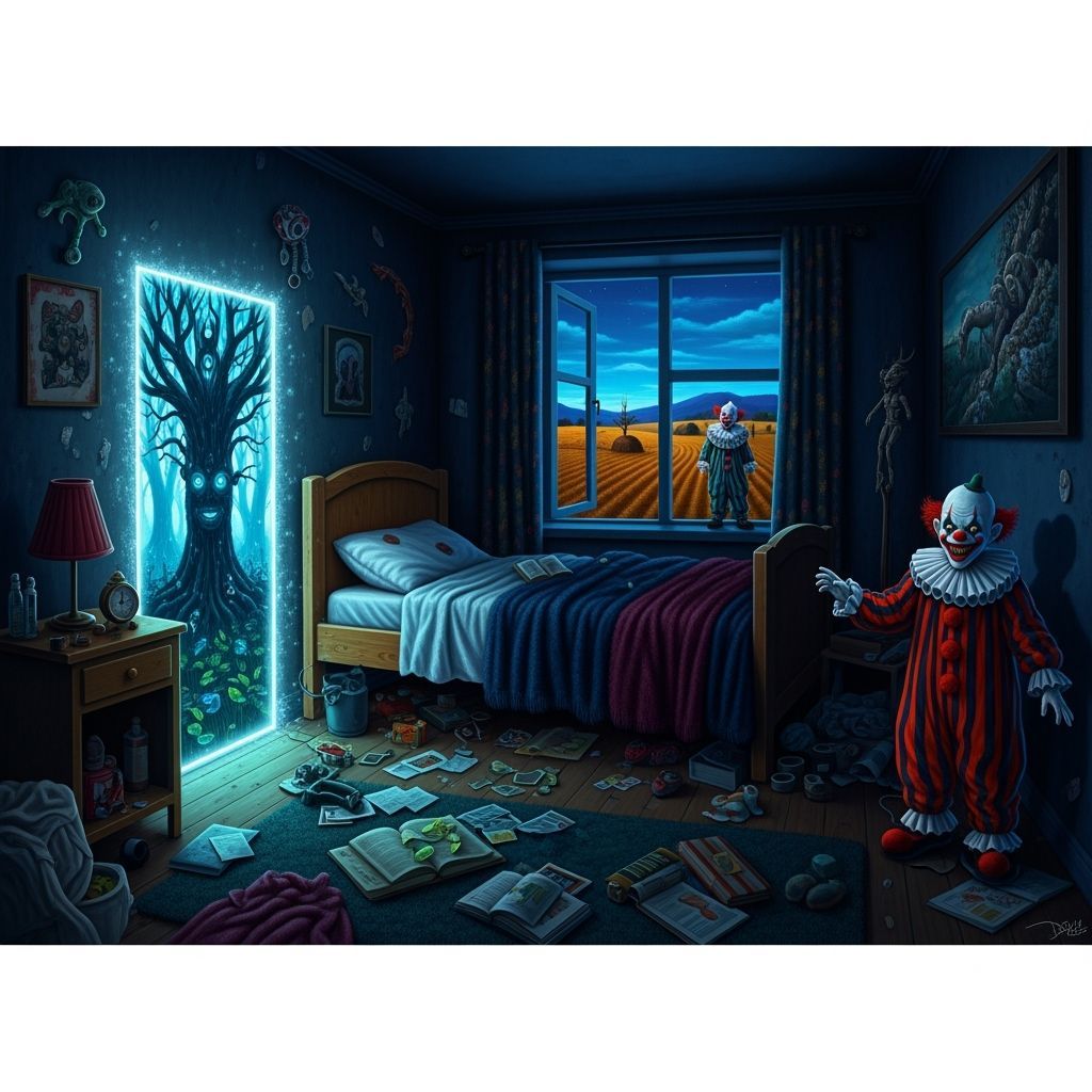 a portal into a mythical forest on the wall of my small messy bedroom desolate farmland an old circus is, the clown is all by himself lookin...