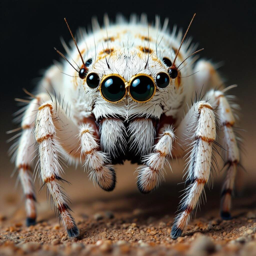 Ich will eine weiße Spinne ohne Haare, welche den betrachter direkt anguckt mit 8 Augen ein Auge trägt ein Monokel und sie hat einen Schnurb...
