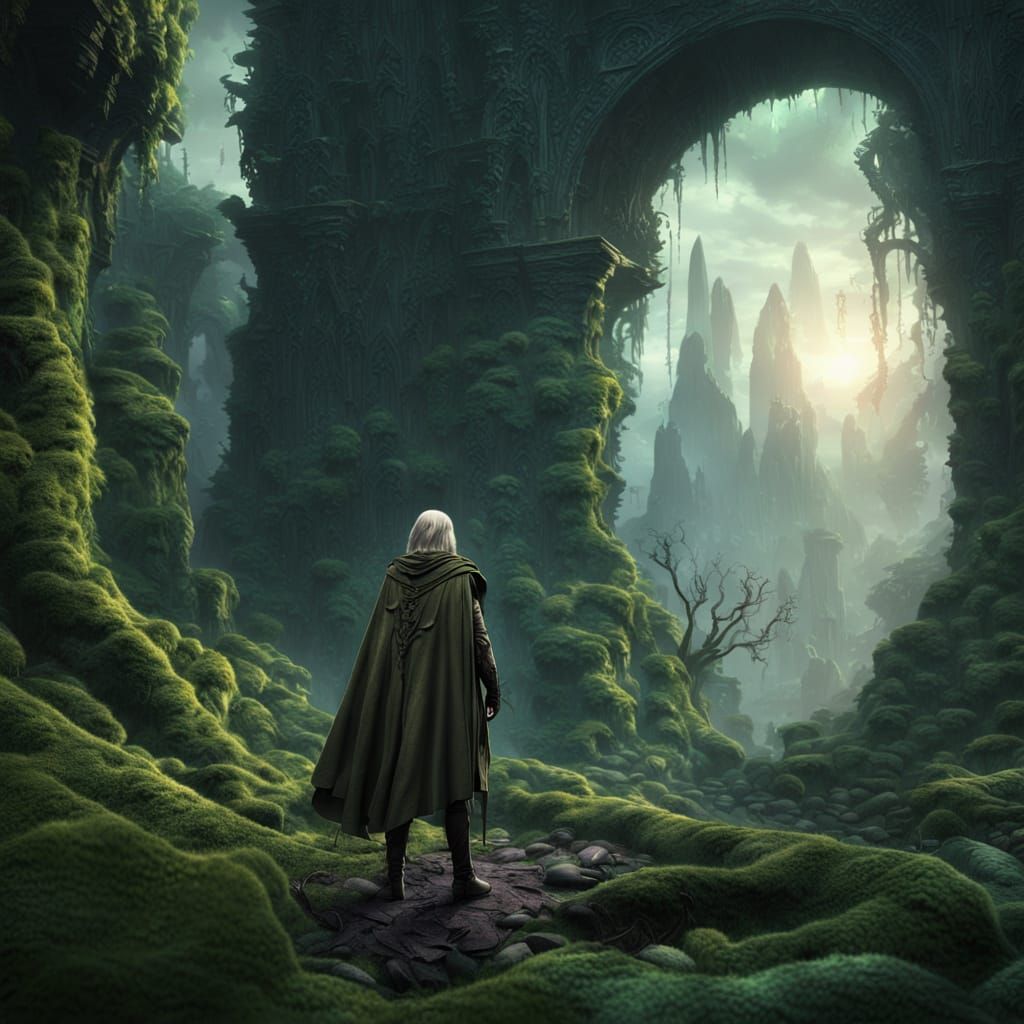 This striking image depicts a lone Elven Ranger in a tattered cloak on exploring a gimmering mystical portal surrounded by a dark and mystic...