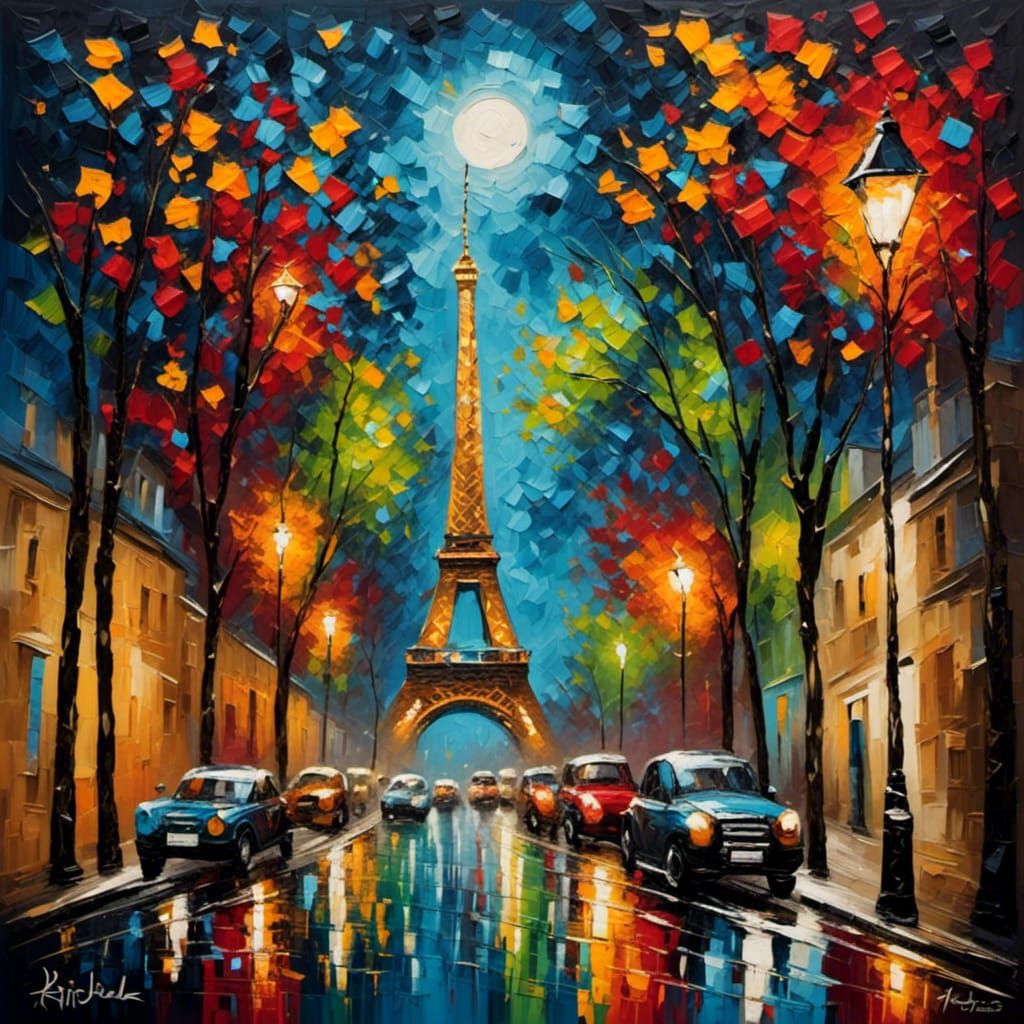 <lora:ImpastoXL:1.0>
Paris  quarter Eiffel tower streetlight midnight moon stars colorful bold color vibrant 