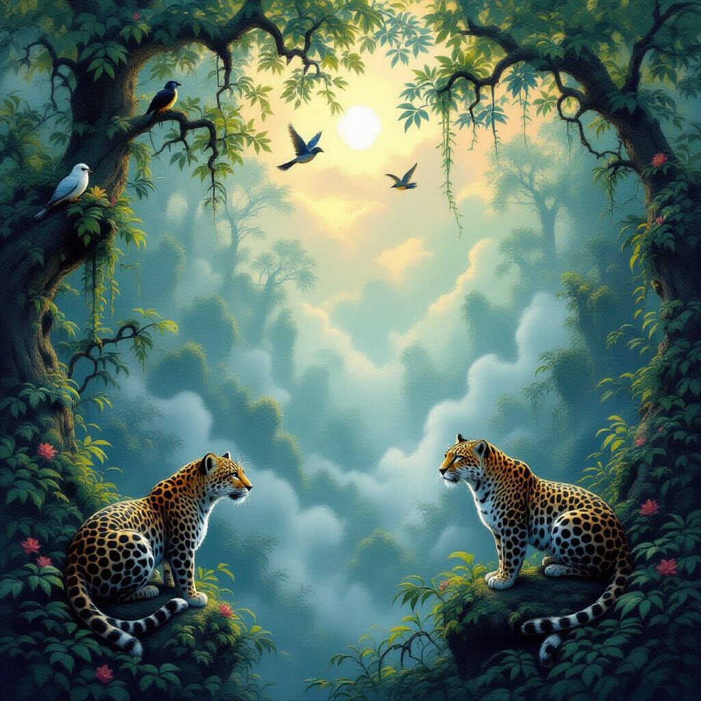 Mystical Forest with Leopards and Snakes in Fantasy Realism