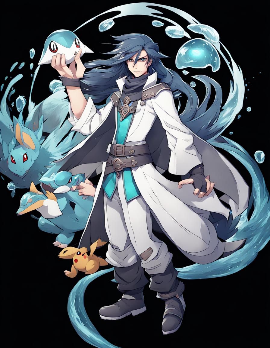 A male Pokemon trainer with dark blue long hair and teal eye...