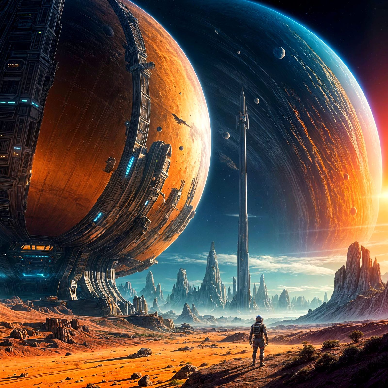 A giant cylindrical spaceship-ark lands vertically on a new colony planet. Bright colors, fantastic landscape. ...  by @Shuttleskipper