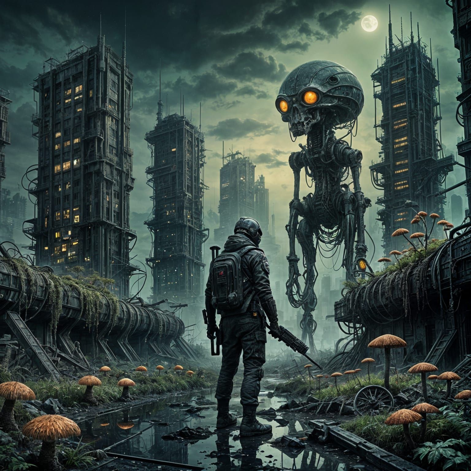 A lone wanderer in a desolate, post-apocalyptic cityscape, shrouded in mist and illuminated by the eerie glow of bioluminescent fungi, their...