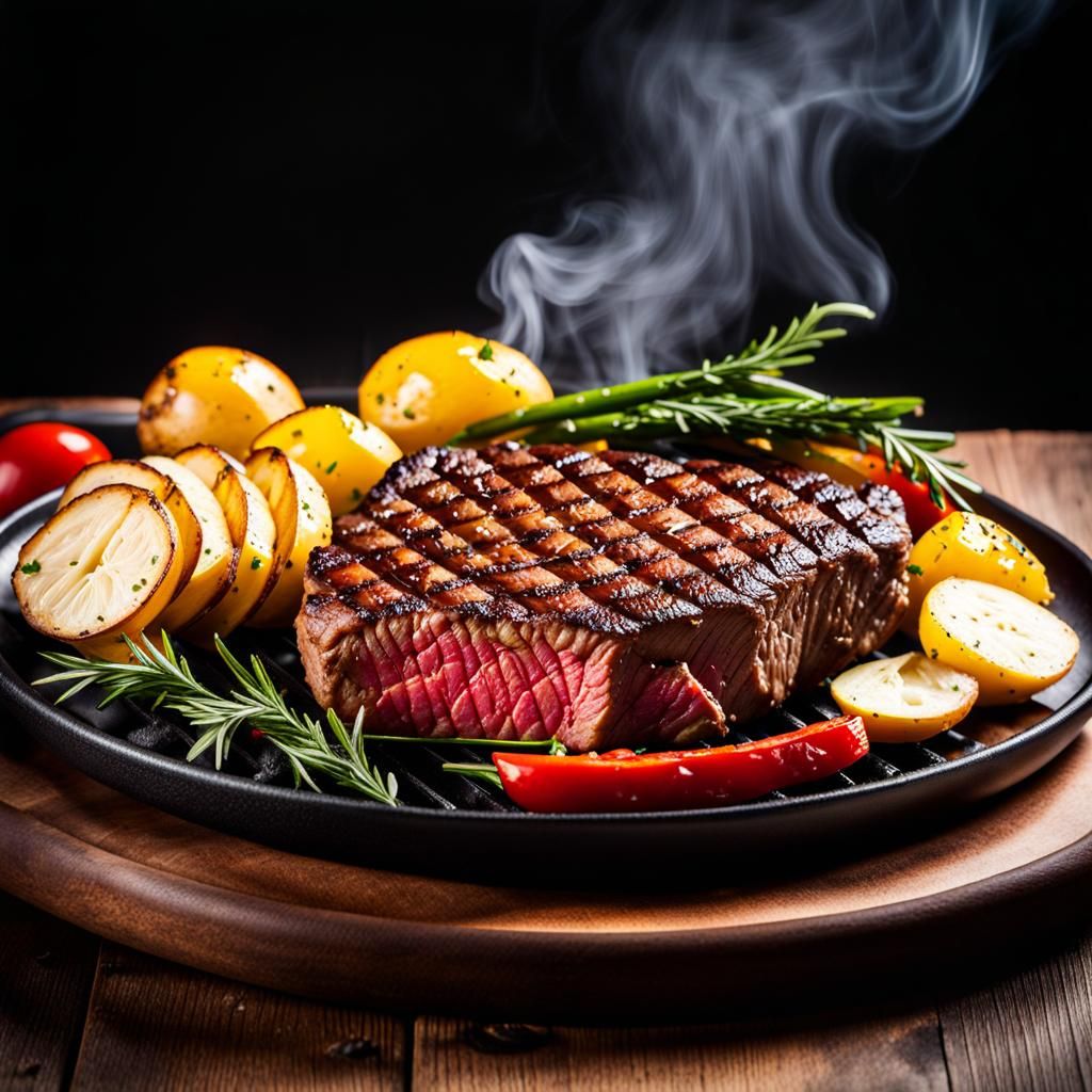 Juicy steak from the grill, grilled vegetables and roasted potatoes  by @Mysterys Games