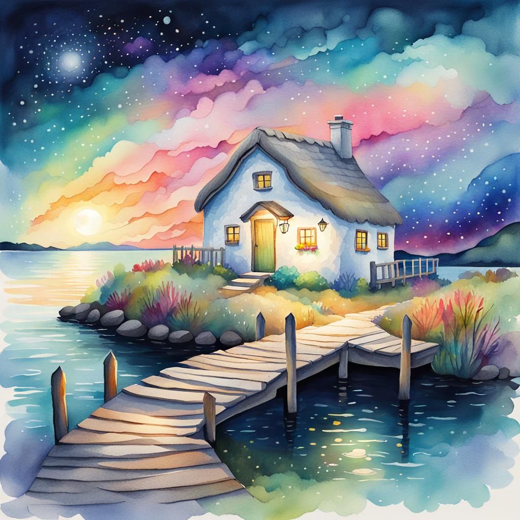 small white stone cottage with thatched roof on the pier of ...
