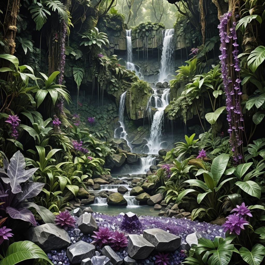 Crystals and Jungle Waterfall in Hyperrealistic Style