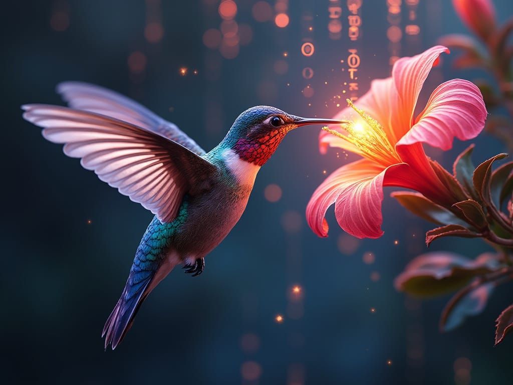 A vibrant hummingbird with iridescent feathers in mid-flight, hovering to drink nectar from a luminous, ...  by @Joe