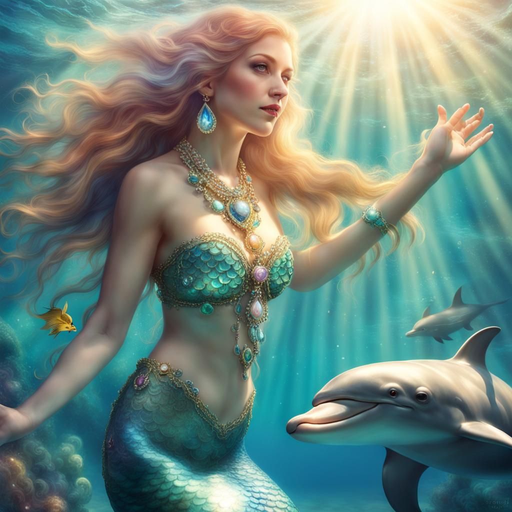 Mermaid swimming with dolphins