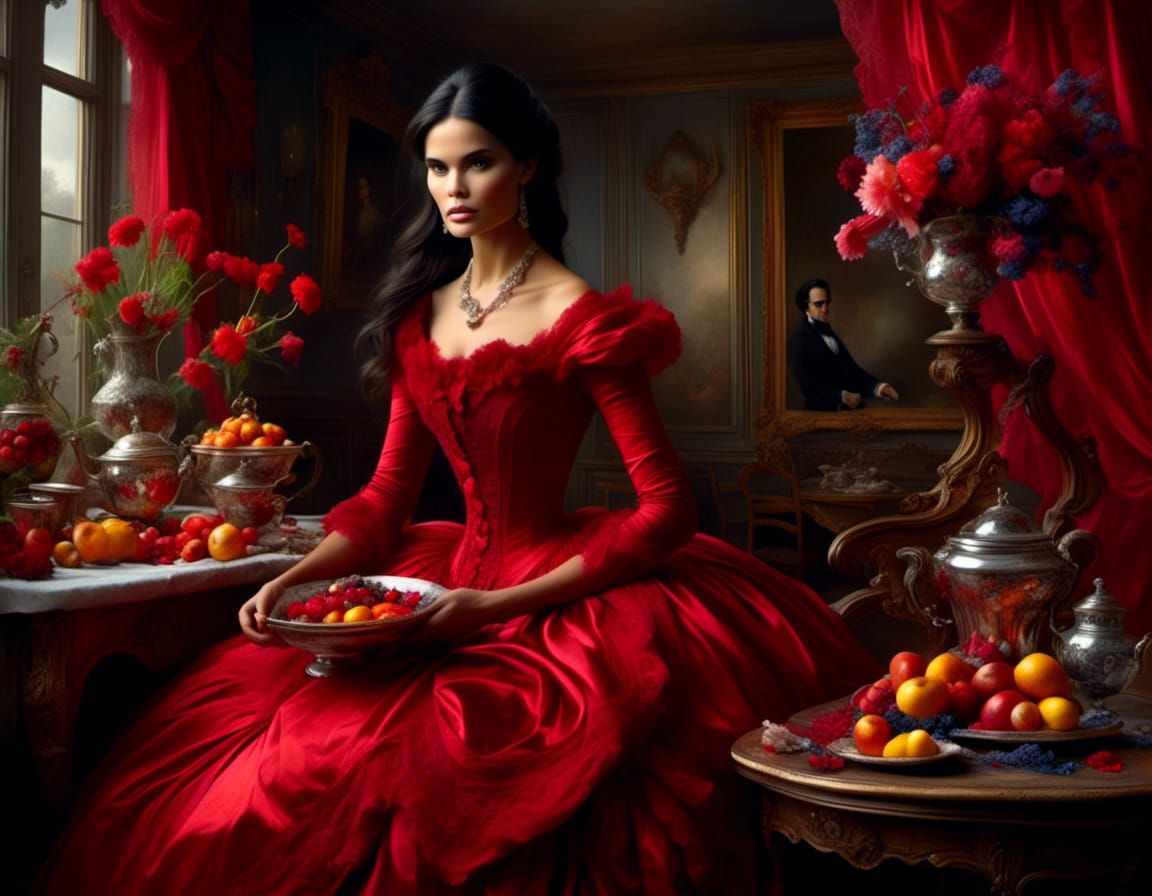 Victorian lady holding a bowl of fruit.