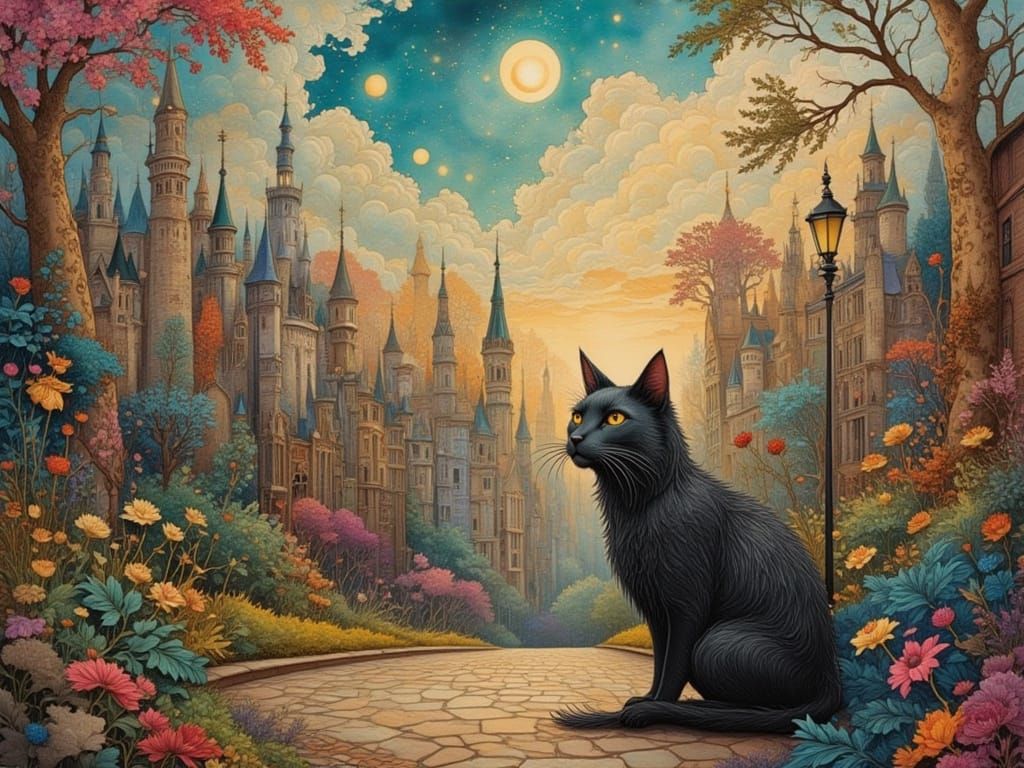 Surreal Victorian Cat in Cloud City