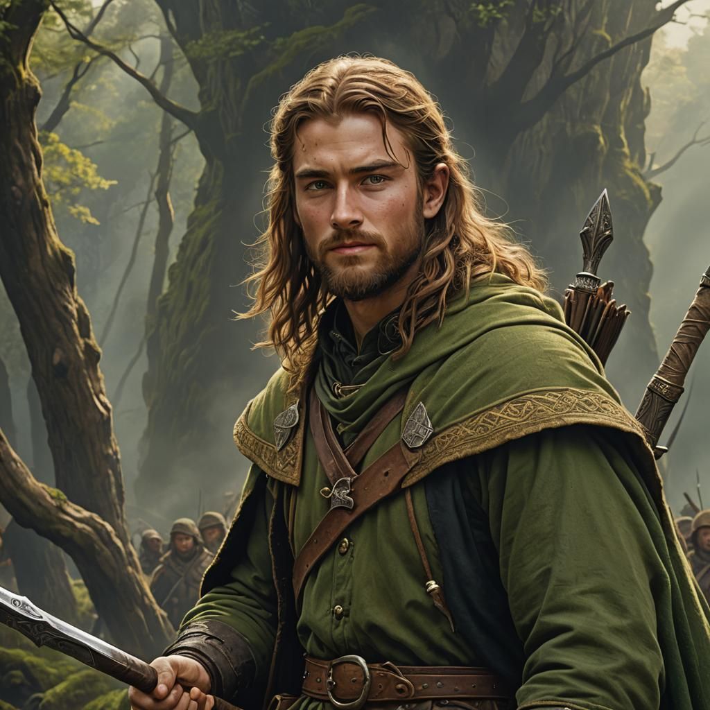 Teenage irish male ranger, green tunic, saffron cloak, green...