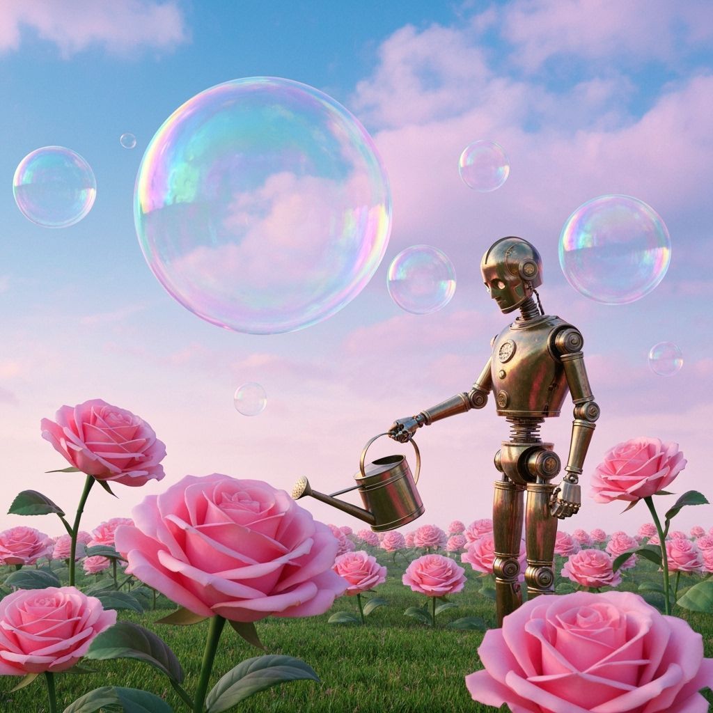 Surreal Robot Tending Roses Amidst Giant Bubbles
