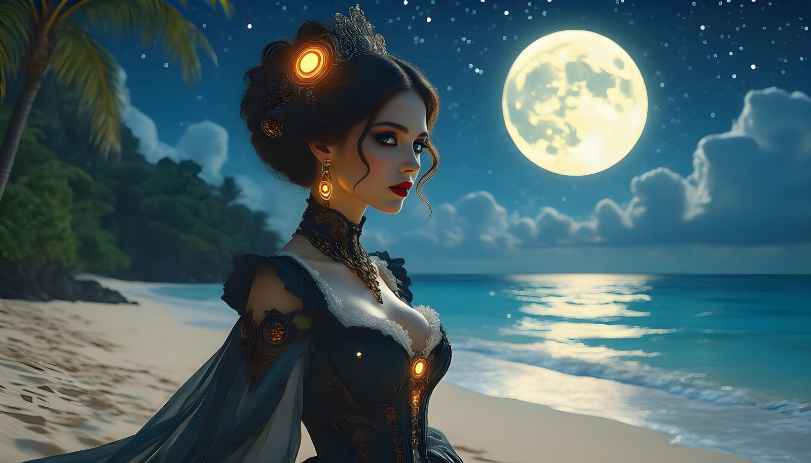 the woman walks down the beach as the waves lap the shore