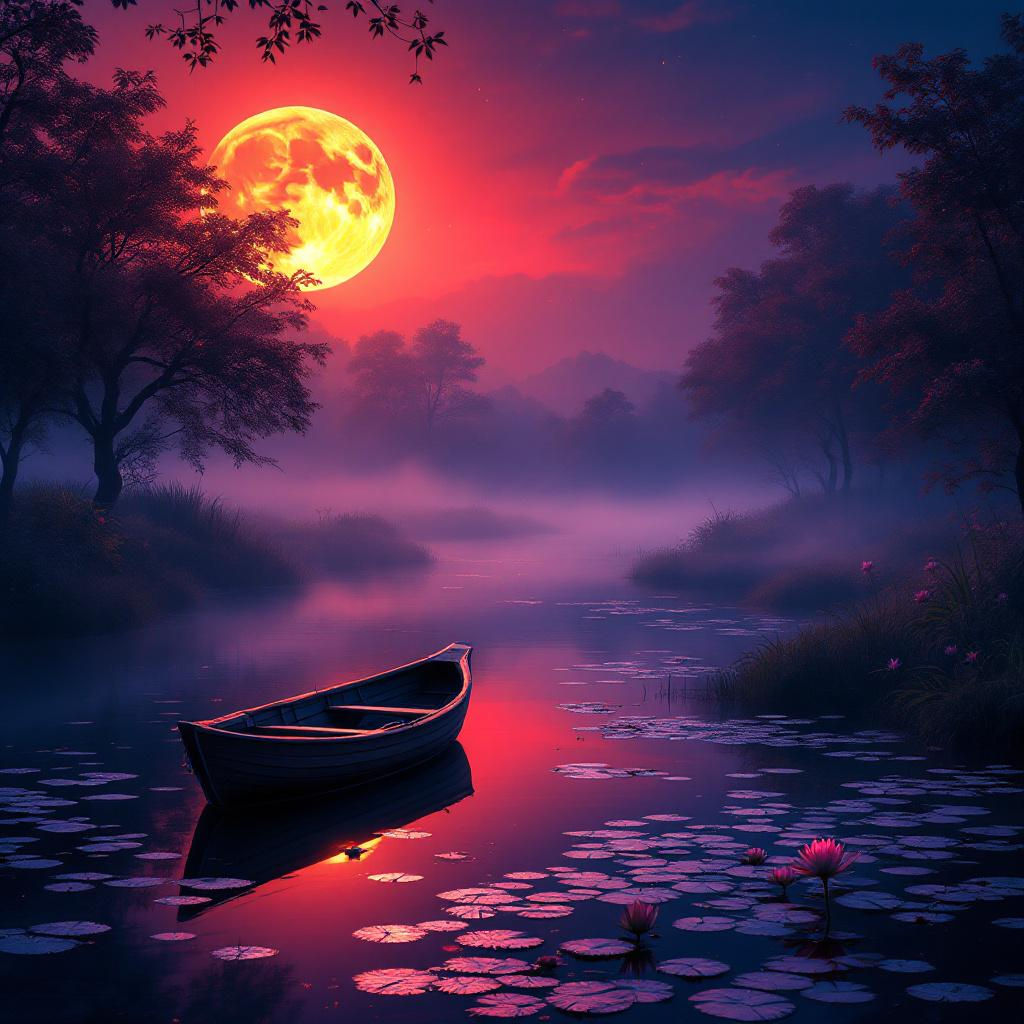 Petite barque sous la lune rouge et violette