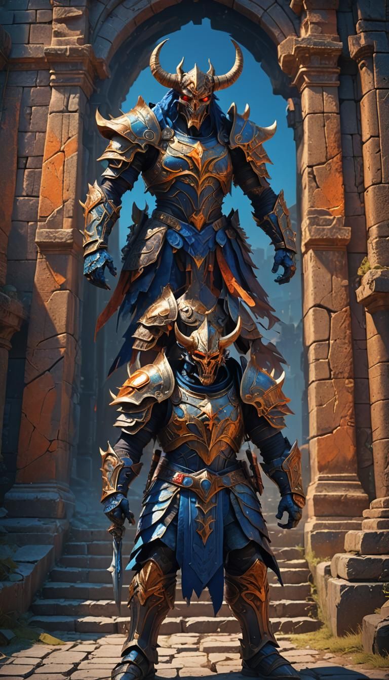 Fantasy Demon Warrior Near Ancient Ruins