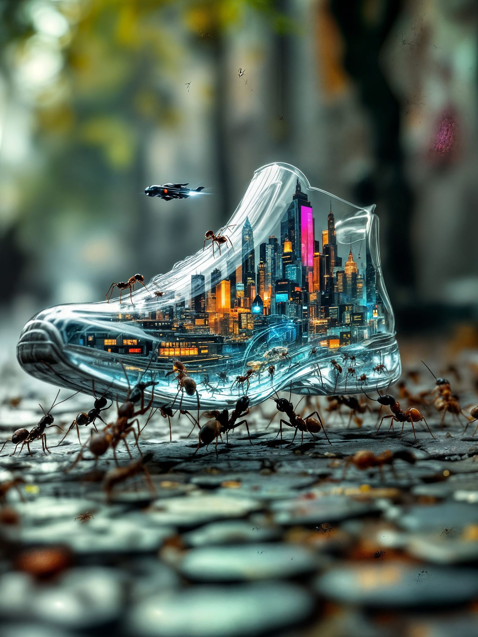 Cyberpunk Metropolis Inside a Glass Shoe, Carried by a Coord...