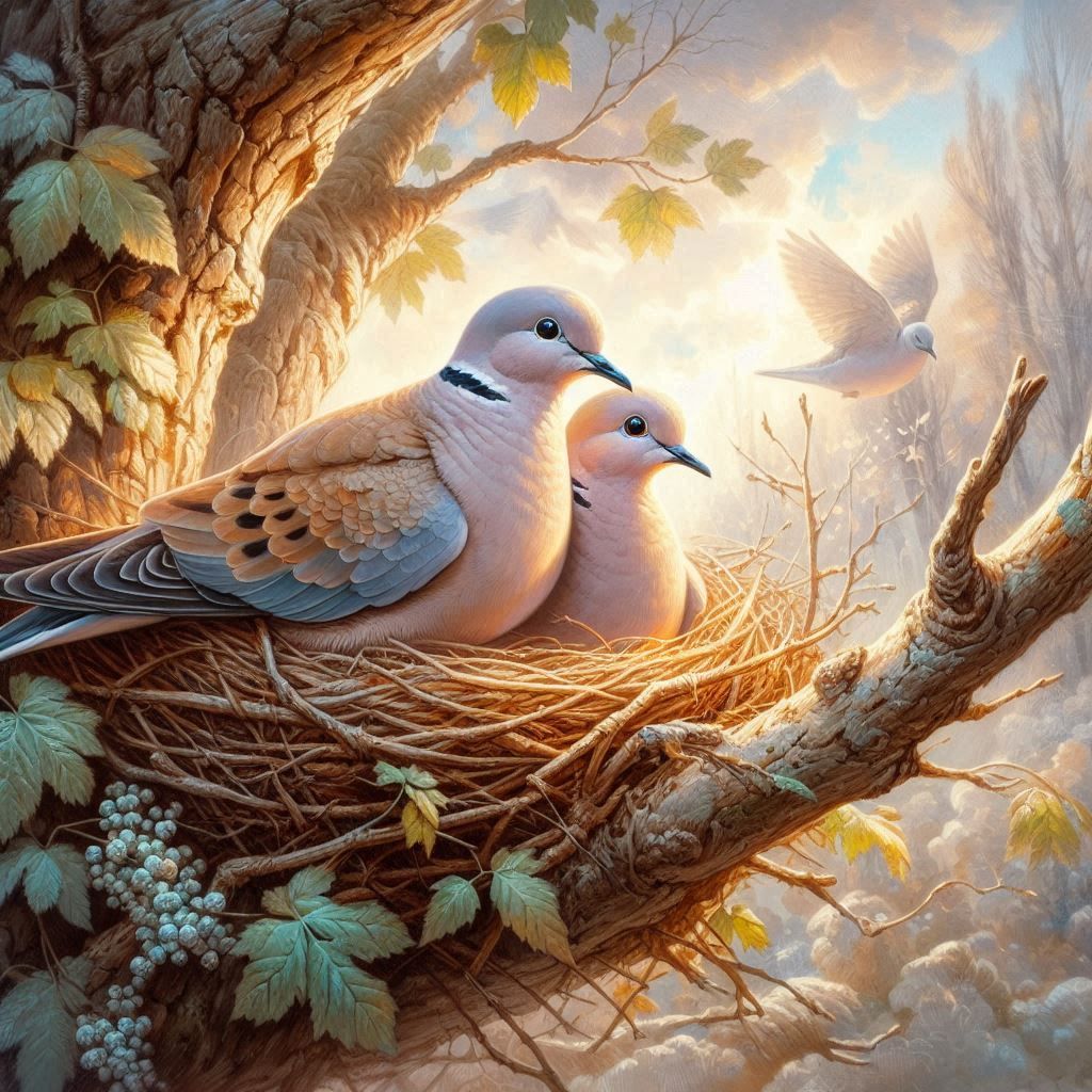 Two turtledoves are sitting near a nest curled on a maple branch
