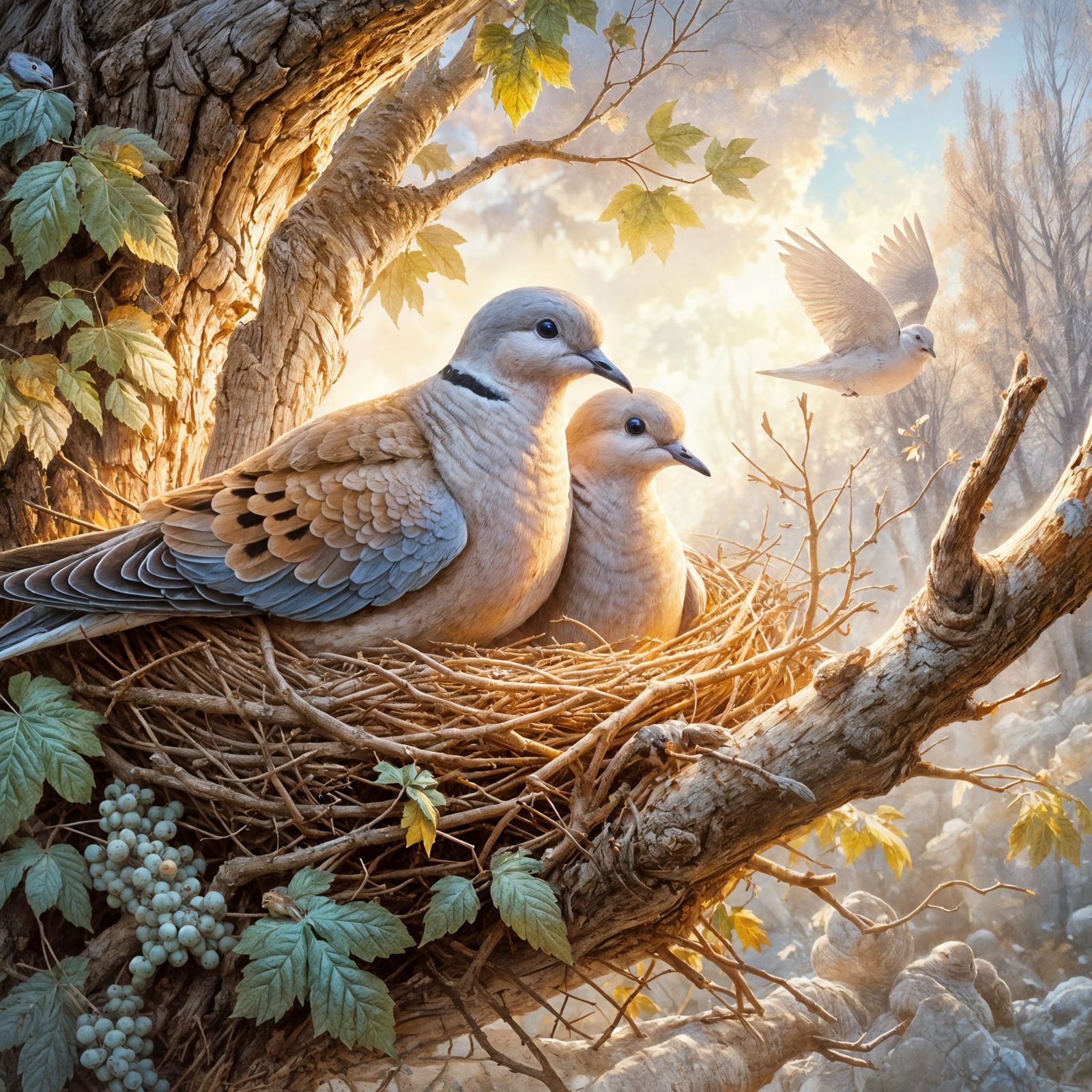 Two turtledoves are sitting near a nest curled on a maple br...