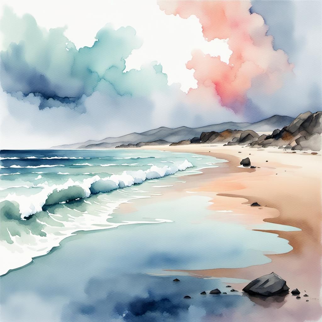 Digital watercolor Illustration of a beautiful ocean beach::...