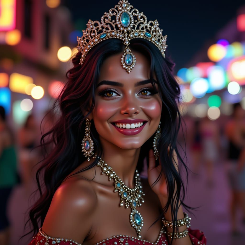 Smiling Woman in Vibrant Samba Costume at Carnival