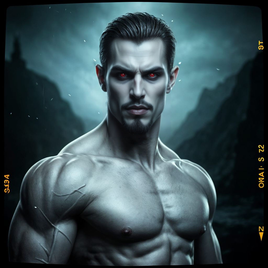 High fantasy dark horror attractive male vampire, pale skin, blood red eyes, muscular, goatee, scenic dark background, high detail, high qua...